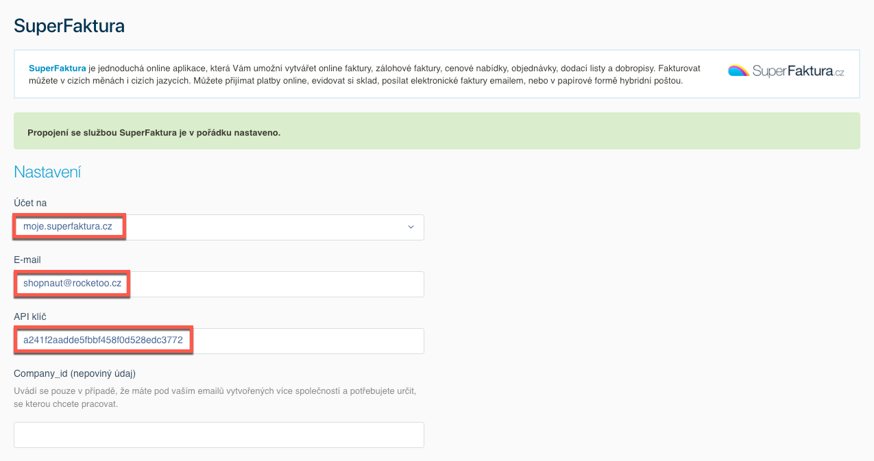 Rocketoo - SuperFaktura nastavení